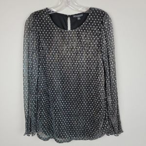 Adrianna Papell Black Silver Polka Dots Metallic Crepe Chiffon Long Sleeve Top S